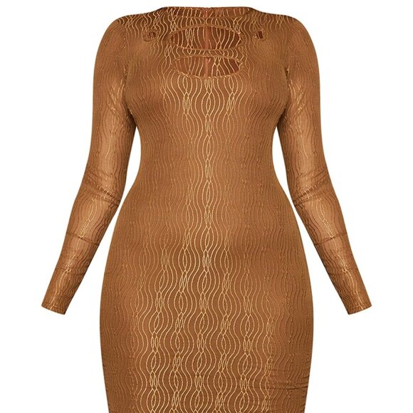 Chocolate Textured Mesh Cut Out Long Sleeve Midaxi Dress - Picture 4 of 6
